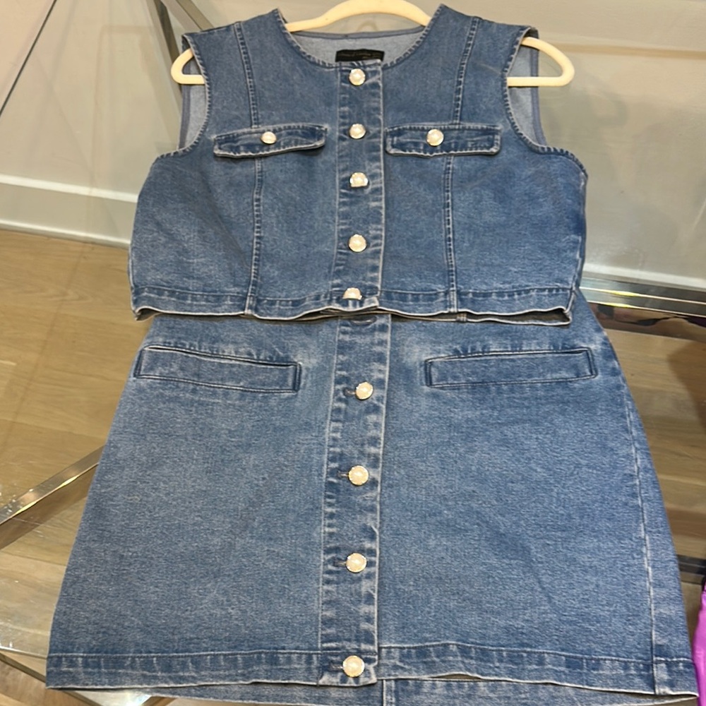 House of Harlow Blue Denim Jacket and Skirt Set